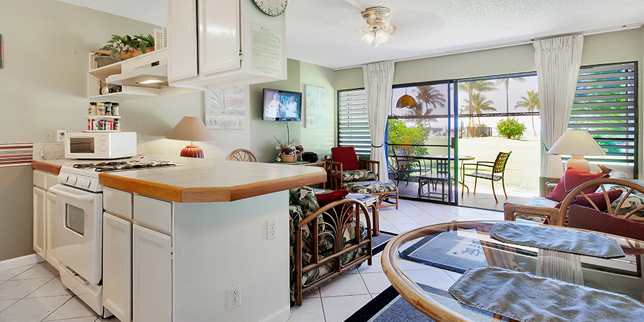 Living room and kitchen 1-Bedroom Ocean View at Molokai Shores