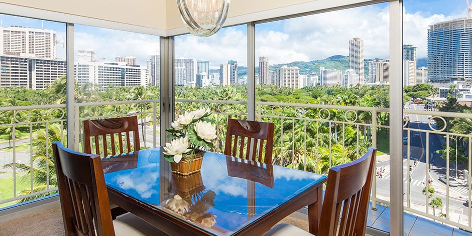 Dinig Table with a view at the 2 bedroom Deluxe Ocean View at Castle Waikiki Shore