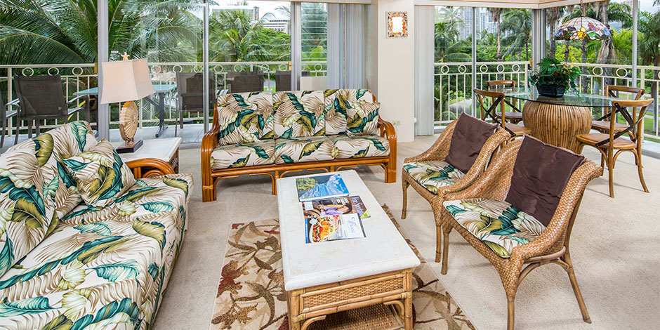 Living Room at the 2 bedroom Deluxe Park View at Castle Waikiki Shore